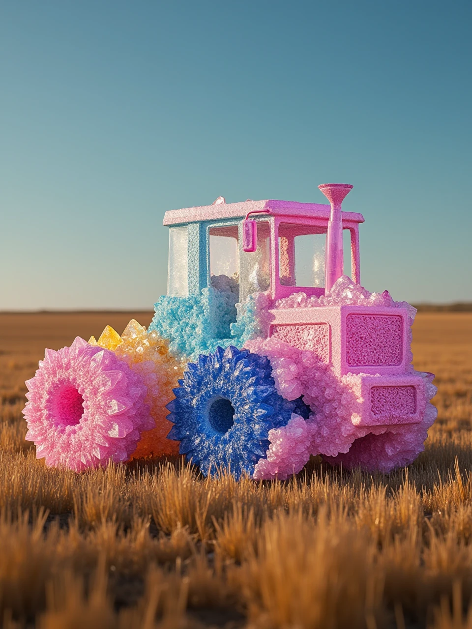 a crystallization tractor on field,in rainbow colour