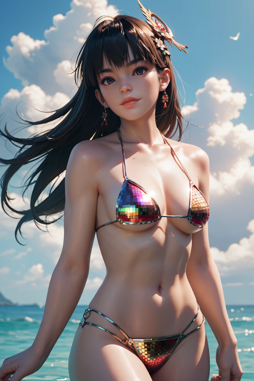 (masterpiece: 1.2, best quality), (fae, cowboy bebop) realistic, retro, (real image, intricate details, depth of field), (1girl, solo), green eyes, makeup, parted lips, very detailed, face perfect, cleavage, sheer, erect, nsfw, (small boobs: 1.1), (skindentation), thick thighs, slim waist, wide hips, small waist, big shiny coral lips, micro bikini, string bikini, mini skirt, cameltoe, tight cooch