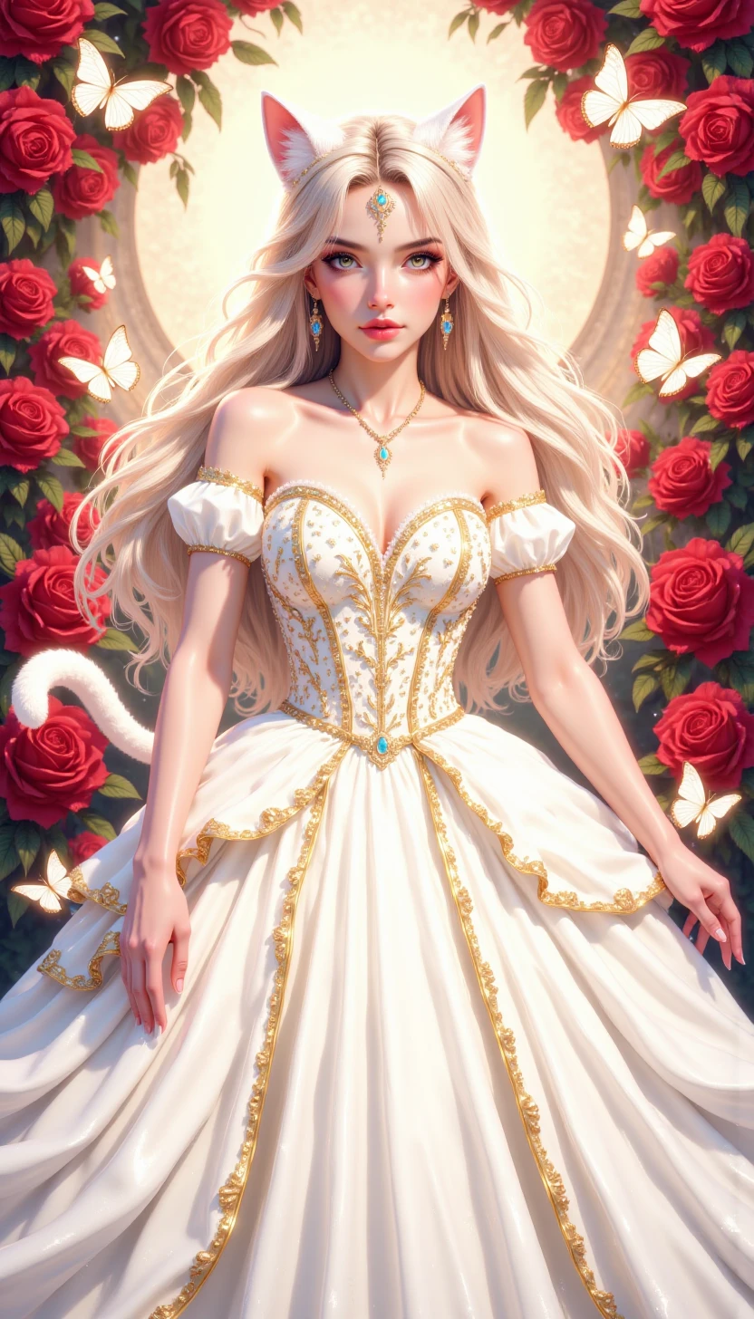 pinketherealmj, A beautiful woman, enchanting and fantastical, with white cat ears and tail. She wears a white long dress with golden trim, surrounded by white butterflies also edged in gold. The background features red roses. The illustration is in an anime style with an oil painting effect.