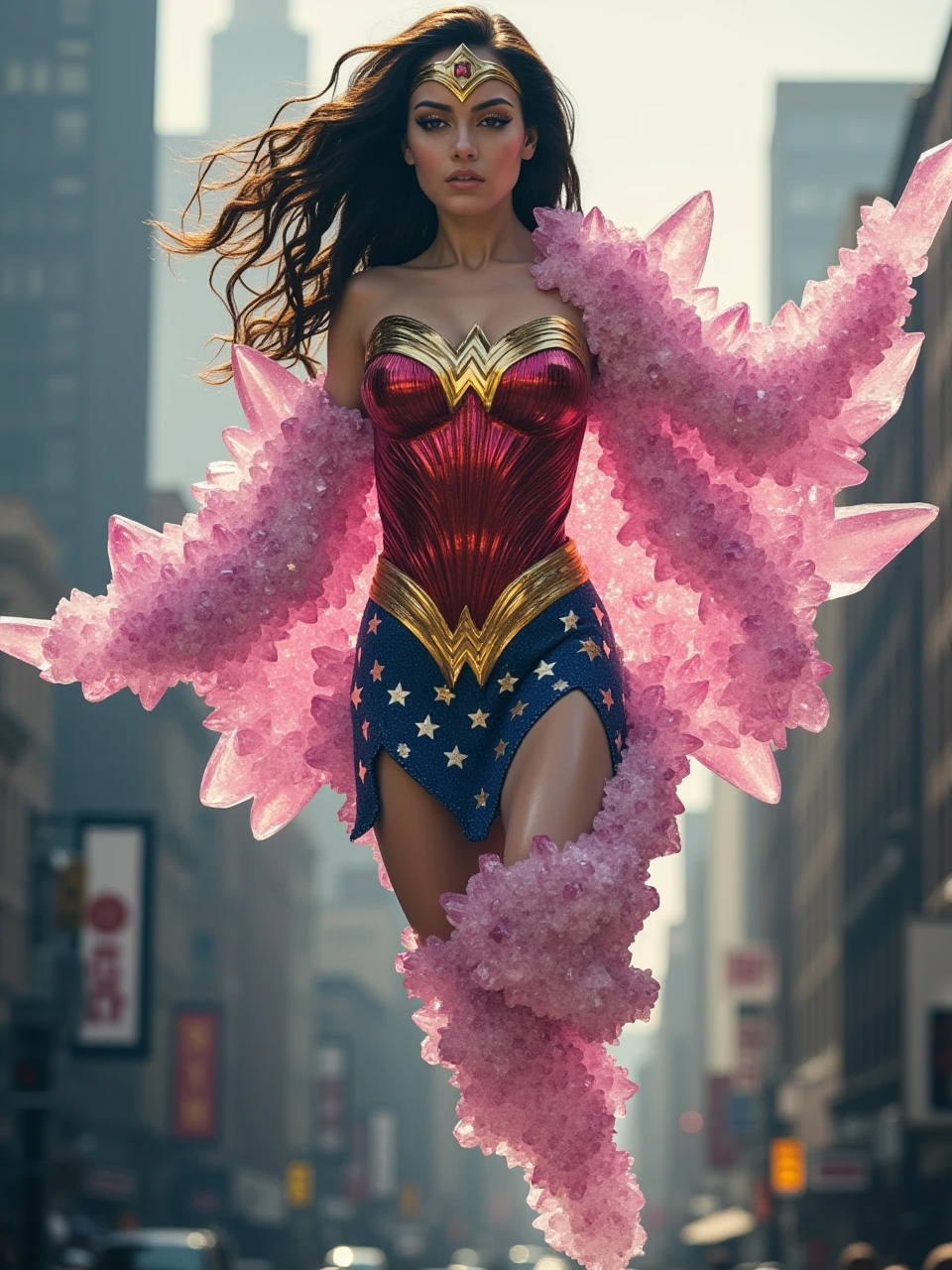 the wonder woman of DC is crystallized armor,flying over the city