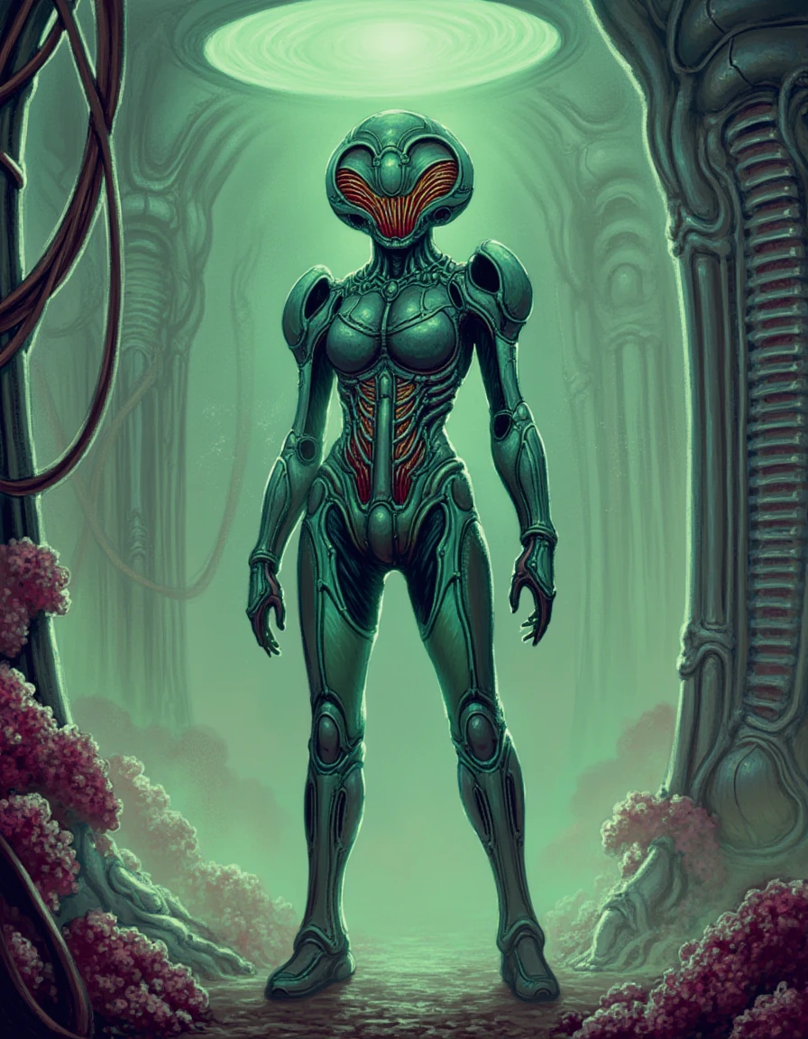 sc0rn, In a highly detailed digital painting, Samus Aran stands resolutely in a dynamic pose, clad in her iconic power suit that has been transformed into a mesmerizing blend of technology and organic life. Her helmet, sleek and aerodynamic, features intricate patterns of iridescent colors that ripple like the surface of a tranquil lake, hinting at its living essence. The armor itself seems to breathe, with segments of the suit undulating softly, revealing hints of pulsating bioluminescent veins that evoke a sense of both power and allure. 

The surrounding biomechanical environment is a stark contrast to traditional machinery; it's a symbiotic landscape where metal merges seamlessly with organic structures. Towering forms of metal exoskeletons entwined with alien flora stretch towards the surreal ceiling, which shimmers with a soft, pulsating glow. Strange, otherworldly plant life wraps around the metallic walls, casting flickering shadows that dance in rhythm with unseen energies.

The color palette is rich and vibrant, with deep emerald greens and luminescent blues blending harmoniously, while the air is thick with a heady, sweet scent reminiscent of blooming exotic flowers and damp earth. Hints of electric crackle echo softly in the background, creating a vivid atmosphere of anticipation and intensity.

Samus's stance is powerful yet subtly confident, as a faint shimmer of energy crackles around her gauntlets, emphasizing her readiness for battle. The overall composition exudes a seductive tension, blending strength with vulnerability in an environment that feels alive, teeming with both potential and danger, as though the suit and the surroundings are in an intimate dance with her very spirit.