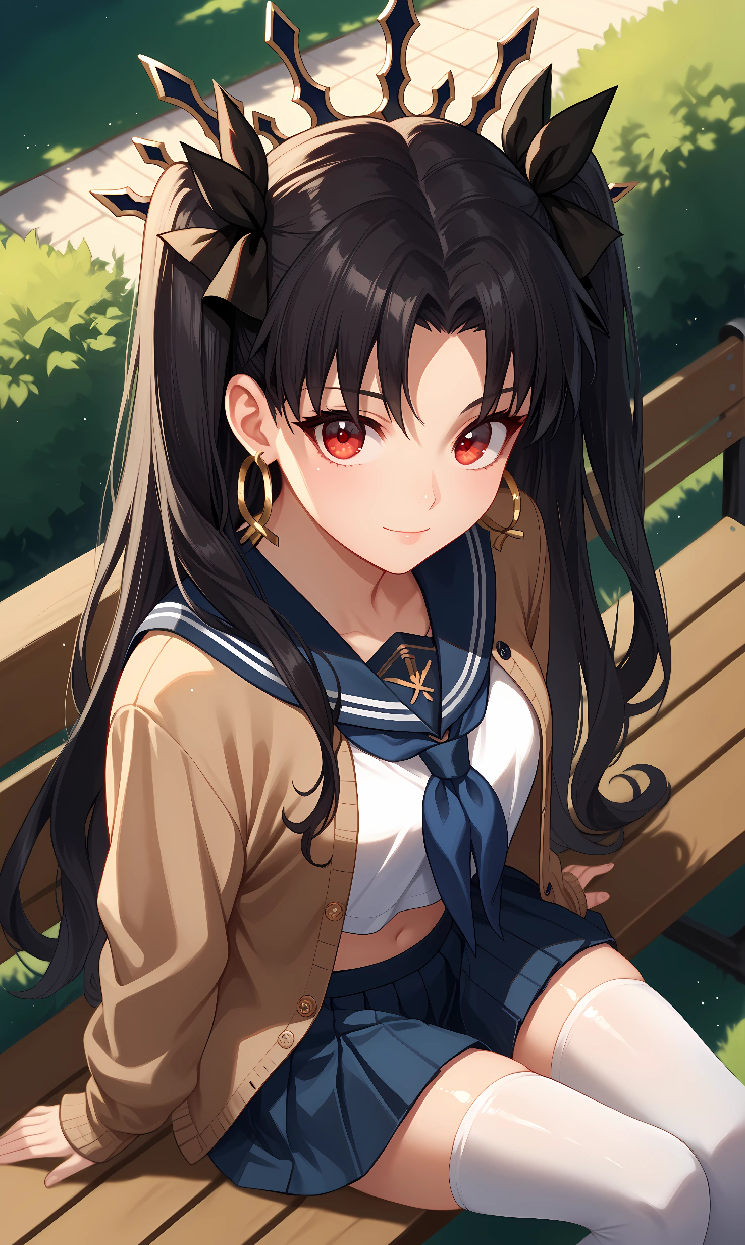 score_9, score_8_up, score_7_up, source_anime, 1girl, solo, outdoors, park, cowboy shot, looking at viewer, shiny skin, ishtar, red eyes, black hair, long hair, two side up, parted bangs, black ribbon, hair ribbon, tiara, hoop earrings, jewelry, from above, brown cardigan, open clothes, school uniform, serafuku, neckerchief, midriff, white shirt, pleated skirt, white thighhighs, sitting, on bench