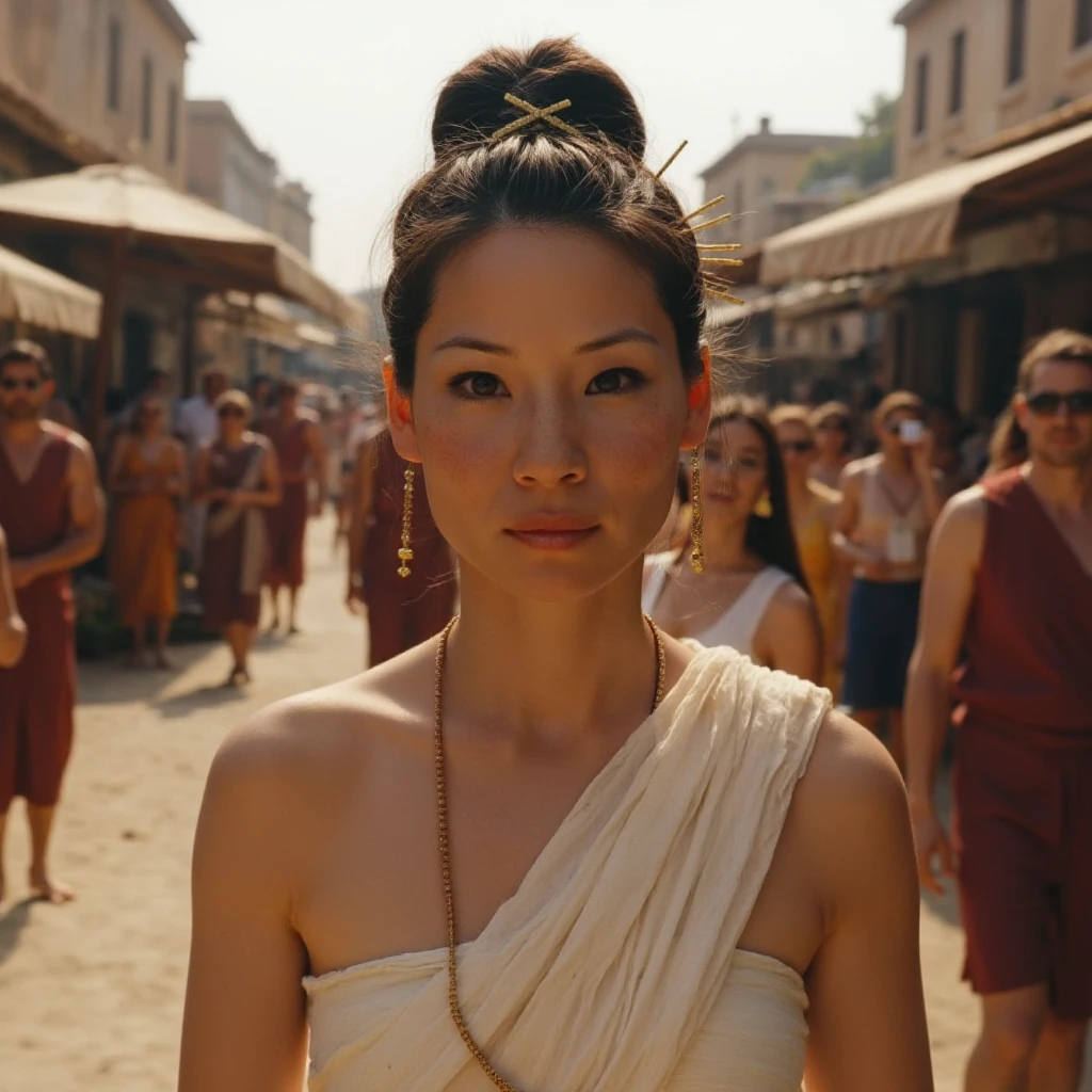 Instagram selfie of a woman during the ancient roman empire standing in the middle of a marketplace in ancient rome with people and merchants all around her. She has a toga on as would be befitting for a madam of the house and has a neutral expression. She has almost no makeup on. Her hair is in an intricate updo and held together by some golden hairpins. ,<lora:lucyliu_1990s_local_flux_1_standard-000039:1>