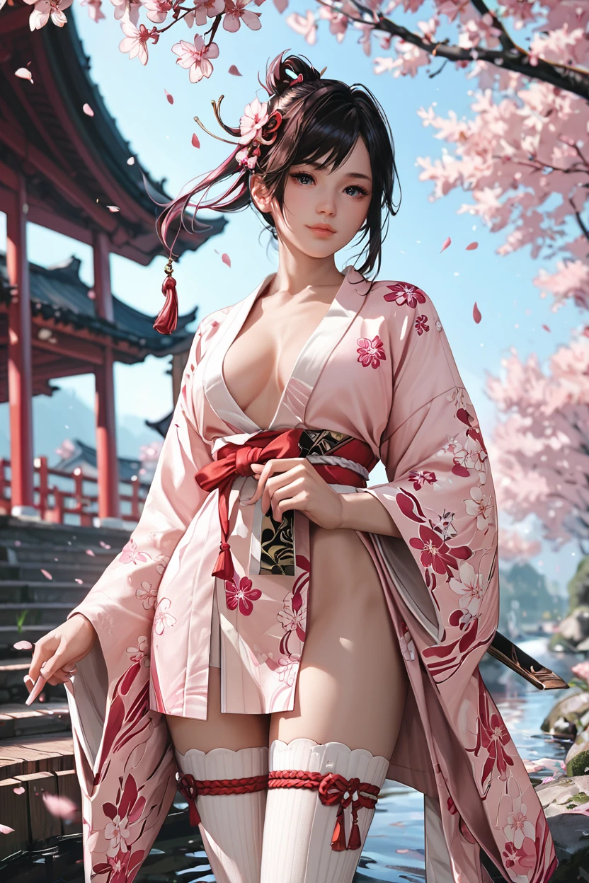 <lora:doa_kokoro:0.9> kokoro, pink yukata, cherry blossoms, thighhighs, score_9, score_8_up, score_7_up, zPDXL3