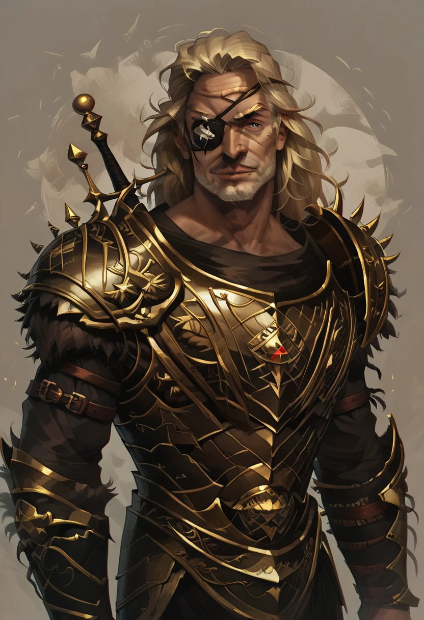 score_9, score_8_up, score_7_up, NHstyle concept art, realistic, media, BREAK, 1boy portrait, Kirac. KiracPoe. eyepatch. old man. blonde hair. old. armor. 1men. solo. portrait. male focus.