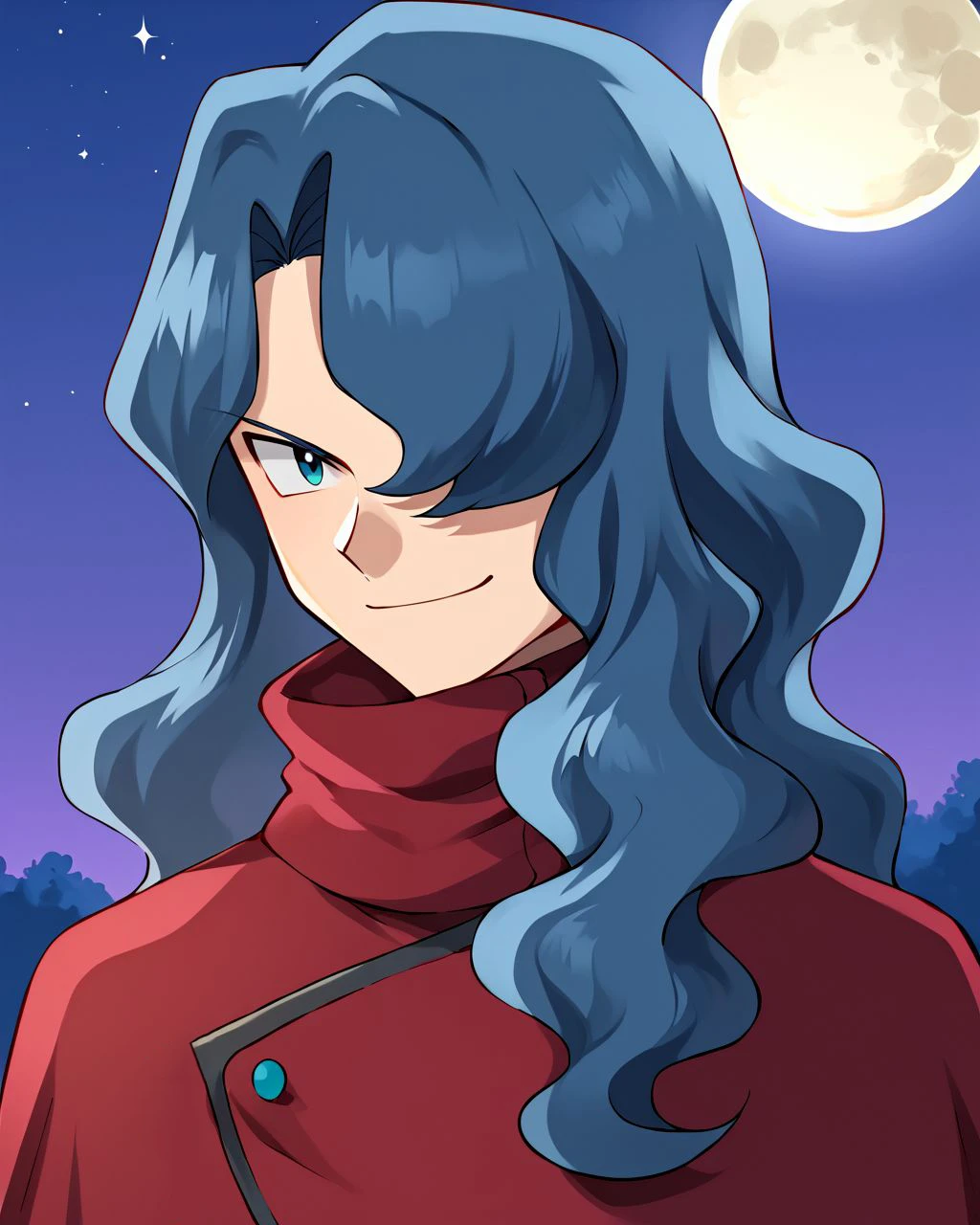 score_9, score_8_up, score_7_up, source_anime, highly detailed,  <lora:Tobias__Takuto_タクト_-_Pokemon_ポケモン:1> Tobias (Pokemon), red cape, dark blue hair, hair over one eye, blue eyes, long hair, wavy hair, red cape, solo, 1boy, smirk, upper body, night, moon,