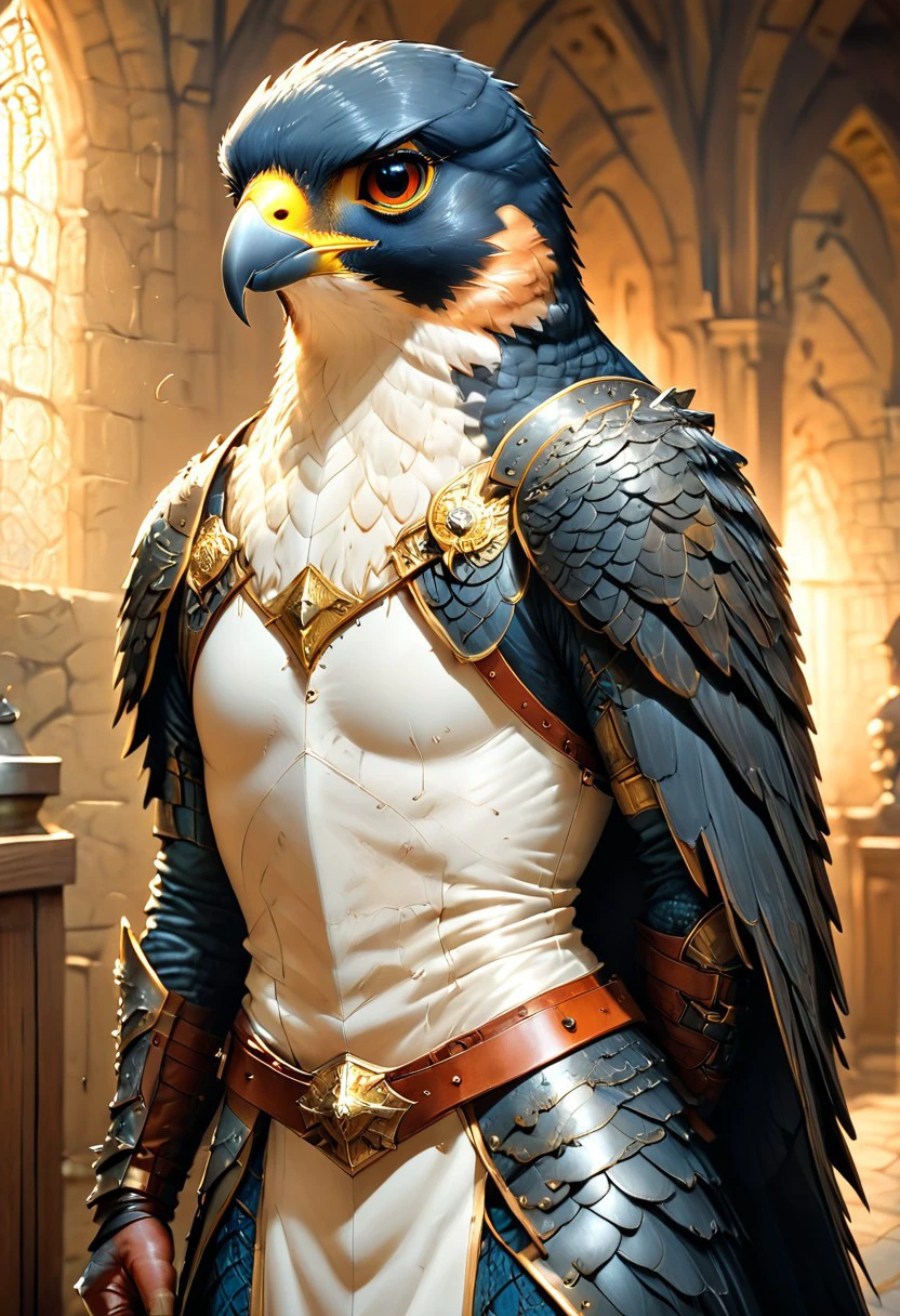 Fantasy creature by Enki Bilal, Esad Ribic, Moebius, a Humanoid Peregrine Falcon hybrid with ((the big head of a Peregrine Falcon)), (wearing a super realistic smooth steel and leather medieval armor), ((very tall slender fit tight body)), Inside a large, wide dungeon