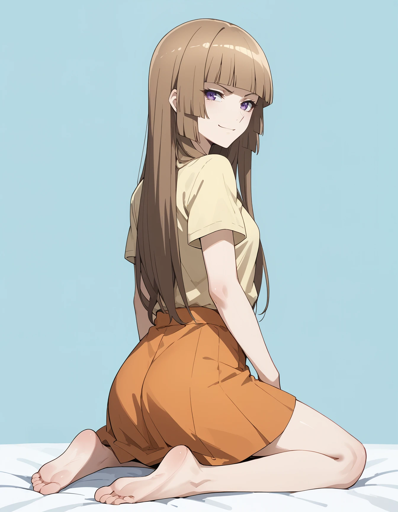 (score_9, score_8_up,score_7_up,source_anime,anime),solo focus,1girl, <lora:FuwaAika:1> FuwaAika,brown hair,long hair,blunt bangs,purple eyes,hime cut,small breasts,
,smirk
BREAK
light yellow shirt,orange skirt,short sleeves
,cowboy shot,kneeling,simple background
BREAK 
looking at viewer,from behind  <lora:NoctFlatStyleV4:0.6>