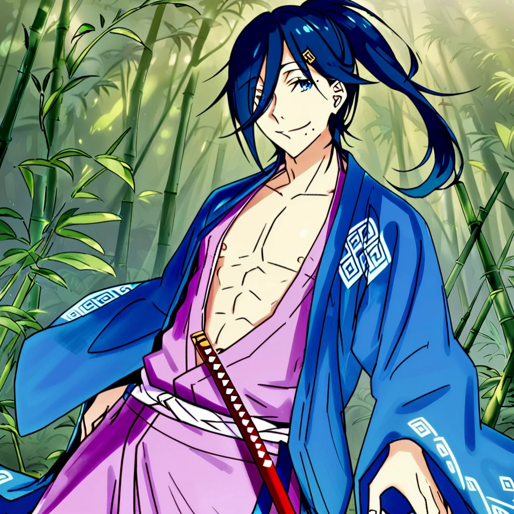 <lora:CecilusSegmunt:1>, cecilus, youthful man, blue eyes, playful and relaxed aura, long dark blue hair, messy ponytail, strands of long hair, obscured right eye, noticeable mole below mouth, subdued peach pink kimono, purple mist like pattern, bright blue haori, white diamond shaped patterns, wooden zori sandals, white sash, two blades, in a jungle, with bamboo plants, and vines on jungle trees, full body, looks at viewer