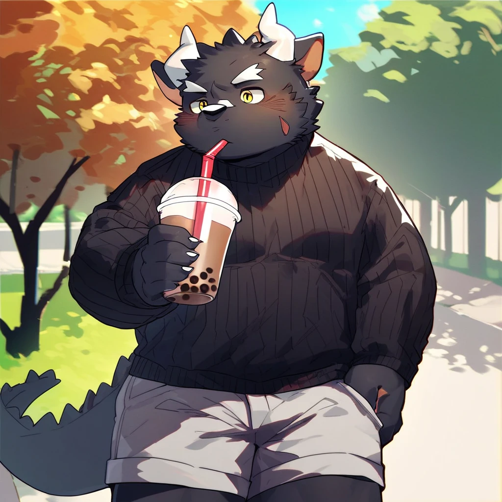 score_9_up, score_8_up, score_7_up, source_furry, mikus-style, black dragon, black body, white horns, yellow eyes, park, holding, bubble tea, black sweater, gray shorts, 1boy, solo