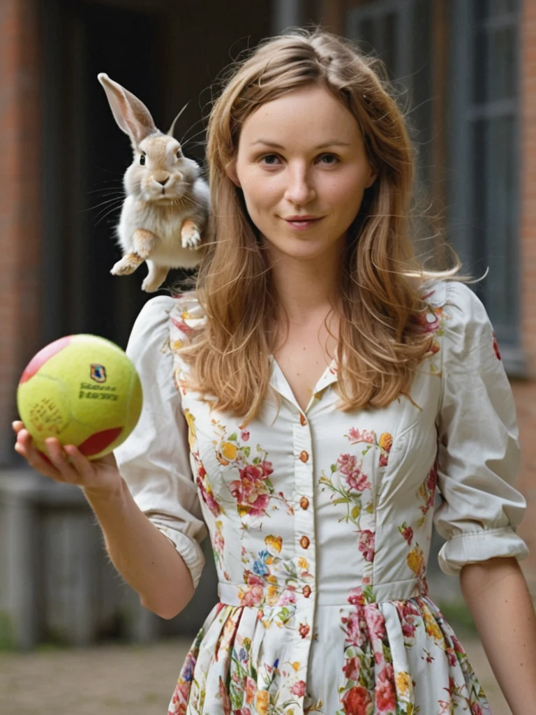 a professional absurdres sharp focus intricately detailed full torso photograph of the beautiful young woman Sonja_Richter, 
 <lora:Sonja_Richter-SDXLe15:1> ,
with an impish smile,
playing catch using a rabbit as a ball,