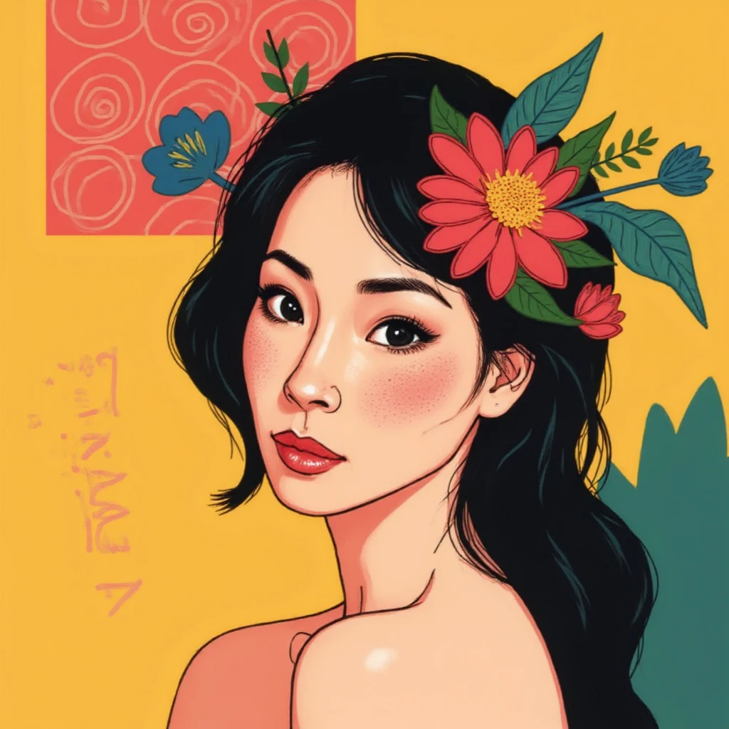 Use modern vector graphics flat design art with vibrant colors with a limited color pallete and simple shapes to create an illustration of a woman wearing flowers in her hair looking at the viewer, ,<lora:lucyliu_1990s_local_flux_1_standard-000039:1>