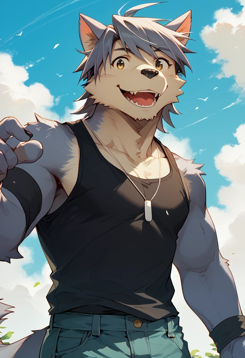 score_9, score_8_up, score_7_up, high quality, hires, 4K, solo, kouya_aotsuki, morenatsu, furry, tellow eyes, tank top, black tank top, pants, happy, portrait, <lora:Kouya_Aotsuki_Morenatsu:1>