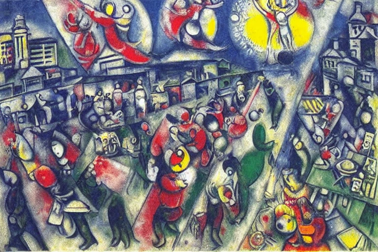 <lora:Chagall-10:1>, Chagall, A lively market scene with vendors and customers, filled with vibrant details.