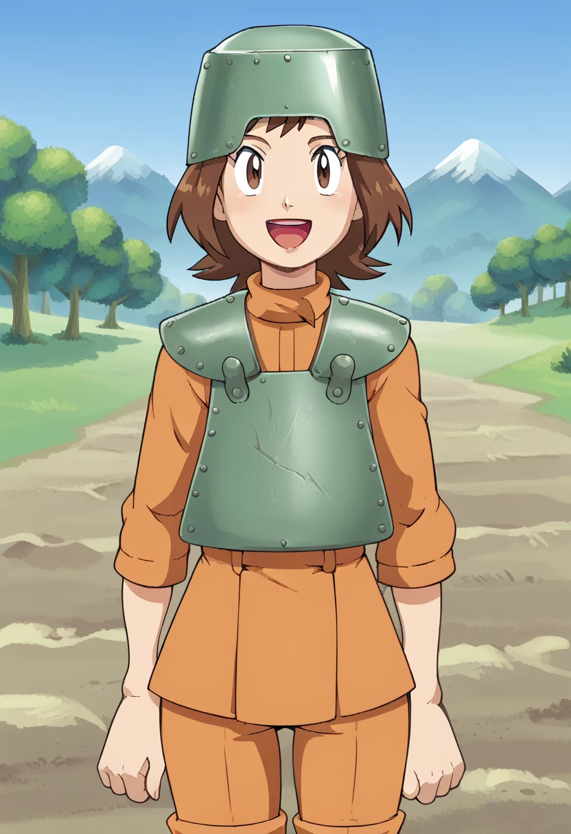 score_9,score_8_up,score_7_up,score_6_up,source_anime BREAK anime screencap, anime colors,1girl,standing,ww1ita, <lora:WW1ITAPony:1>,helmet,armor,military uniform,short hair,brown hair,orange clothes,arms at sides,happy,:d,facing viewer,outdoors,mountain,(solo:1.2), <lora:Hinoarashi_v7:1>