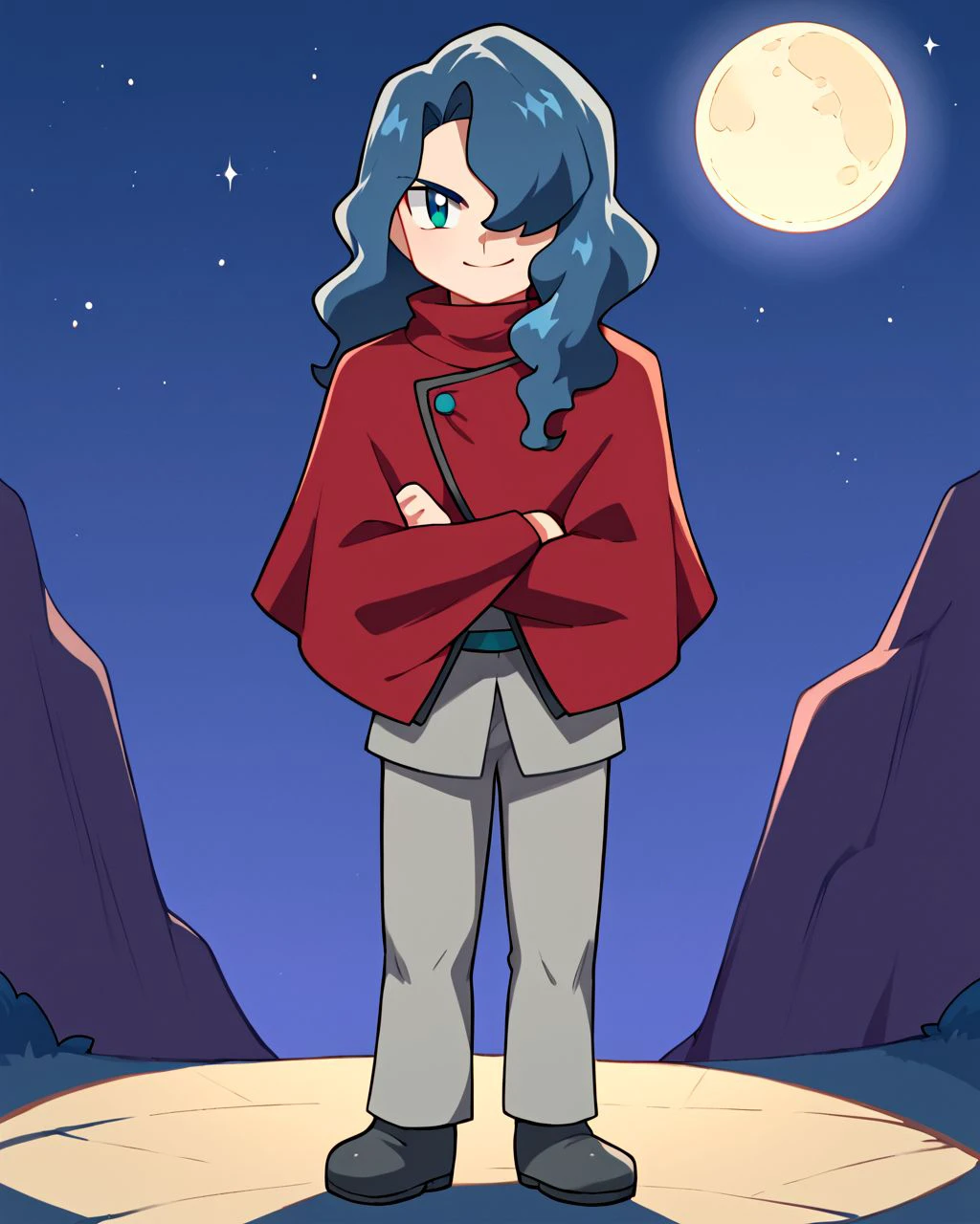 <lora:Tobias__Takuto_タクト_-_Pokemon_ポケモン:0.8> > score_9, score_8_up, score_7_up, source_anime, highly detailed, Tobias (Pokemon), red cape, dark blue hair, hair over one eye, long hair, wavy hair, red cape, solo, 1boy, smile, (grey tunic), full body, standing, outdoors, night, full moon, ((chibi)), crossed arms,