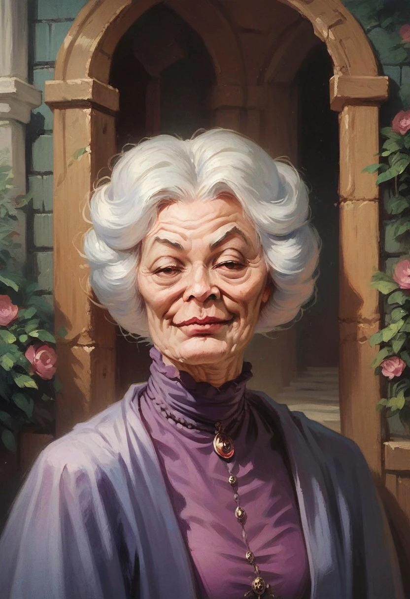 Score_9_up, score_8_up, score_7_up, score_6_up, 1girl, solo, agatha_H, old woman, white hair, purple dress, standing in an old mansion, sly smile, portrait, (realistic), (painted art)