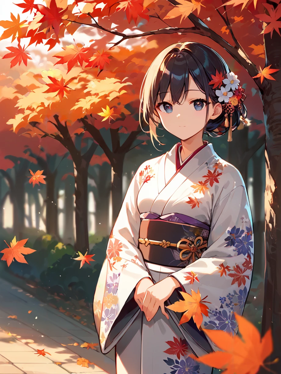 score_9, score_8_up, score_7_up,source_anime, high res image,masterpiece,best quality,(girl:1.0),cute face,clear skin,shiny hair,ultra detailed eyes,simple background, <lora:kouyou_pony_V1.0:0.8> autumn leaves, tree,kimono,flower print