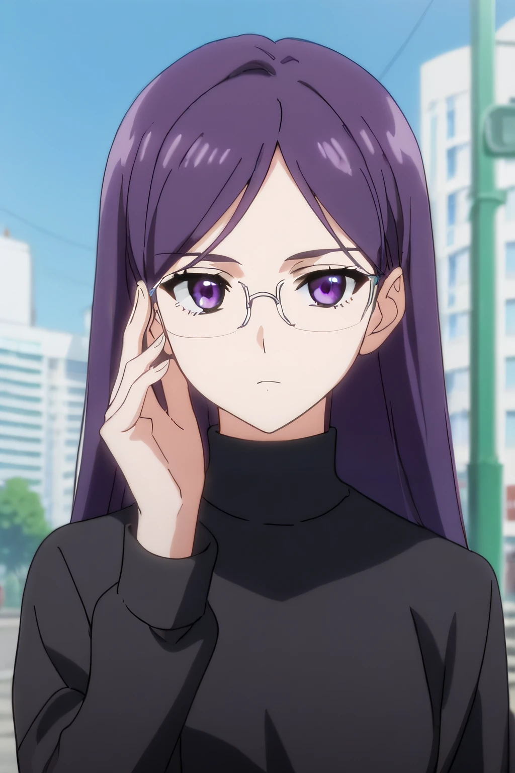 score_9, score_8_up, score_7_up, source_anime, rating_safe, intricate details, anime screencap, official style, 1girl, <lora:Claes:1>, claes, purple hair, purple eyes, long hair, glasses, black sweater, turtleneck, looking at viewer, outdoor, expressionless, upper body, adjusting eyewear, hand up