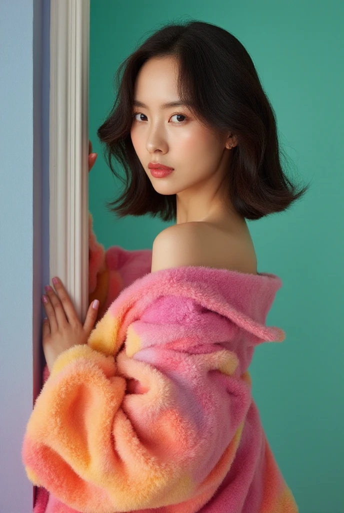 <lora:Kim_Sohyun_Flux:1> $0hyun, masterpiece, best quality, a korean  woman with a colorful coat and makeup looks at the camera with a serious look on her face and shoulder, Annabel Eyres, colourful, a pastel, fauvism