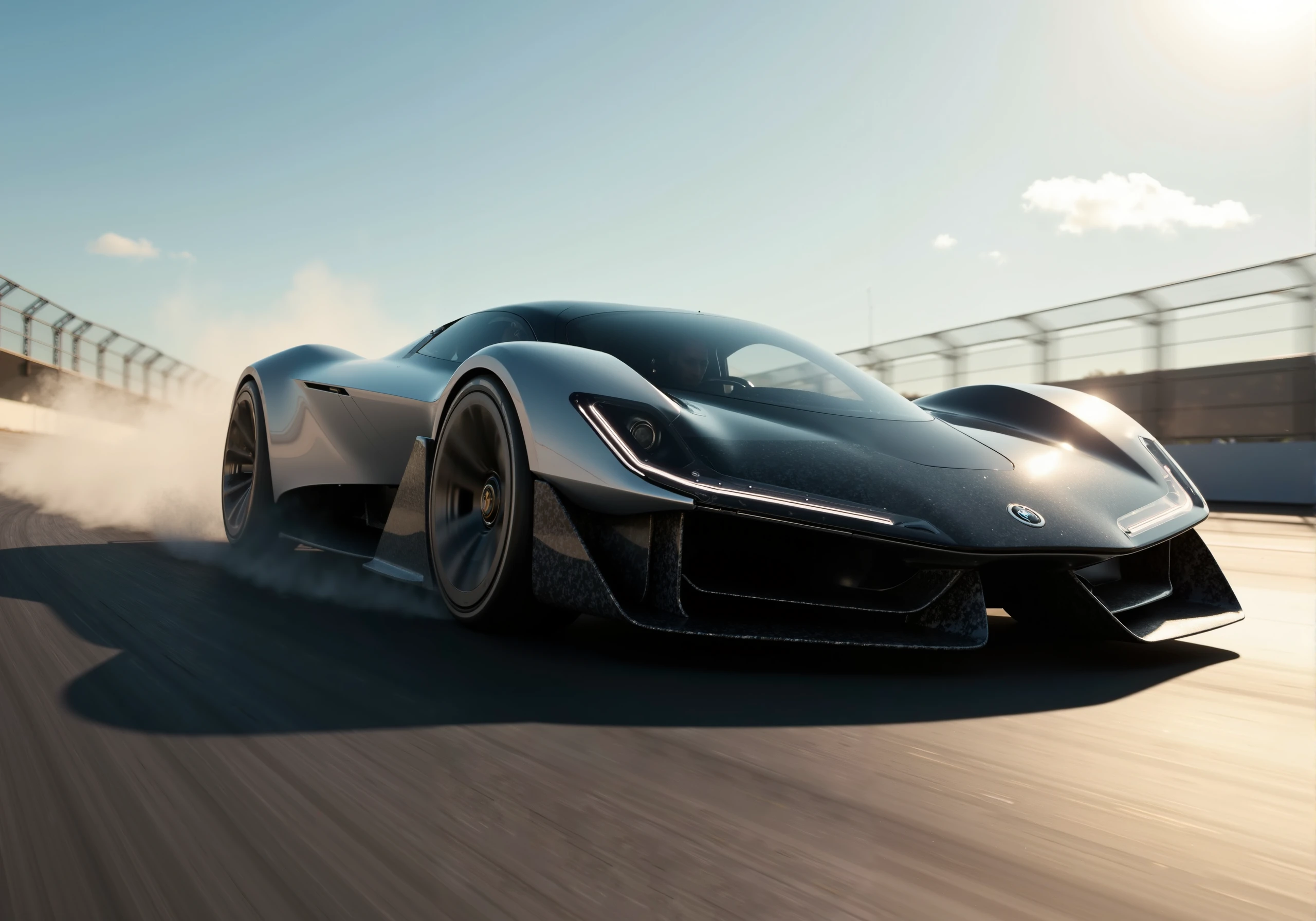 In this dynamic racing scene, a futuristic car with a sleek, predominantly black and silver color scheme tears through the racetrack, captured at a high-speed angle as it hugs the curve. The car’s low and wide stance exudes power and agility, while its dramatic body lines enhance its aerodynamic profile. The aggressive front fascia features distinctive lighting elements that cut sharply through the wind, emphasizing the car’s futuristic design.

The large, multi-spoke alloy wheels spin fiercely as the car grips the tarmac, kicking up dust in its wake. Visible carbon fiber elements glint in the sunlight, reinforcing the car's high-tech, performance-driven aesthetic. The manufacturer’s emblem on the nose gleams prominently, adding a touch of sleek branding to this ultra-modern vehicle. The shadows cast by the futuristic car highlight its powerful silhouette, while the bright sky above contrasts with the intensity of the racetrack below, capturing the thrill of speed and precision on a perfectly sunny day.