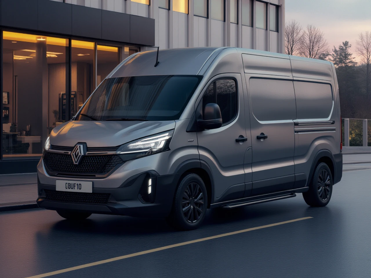 <lora:uai_RenaultStyle_v104:1> A light commercial van designed by Renault, reflecting the brandâs clean and modern design language. The vanâs body features a robust yet streamlined silhouette, optimized for city streets with its compact yet spacious form. The front showcases Renaultâs new illuminated logo, prominently set against a black honeycomb grille, with sharp, angular LED headlights integrated into the front corners. The van is painted in a sleek, glossy steel gray with matte black bumpers and side mirrors for a rugged, utilitarian look. Sliding side doors and large rear cargo doors make it ideal for quick urban deliveries, while the slightly raised roof ensures ample interior space for cargo. The 17-inch steel wheels are sturdy and functional, supporting the vanâs workhorse nature. The setting is an early morning cityscape, with the van parked in front of a modern warehouse, ready to begin a dayâs deliveries. The ambient light reflects off the vanâs polished exterior, emphasizing its balance of practicality and style.
Nameplate writes "16 UFU 80".