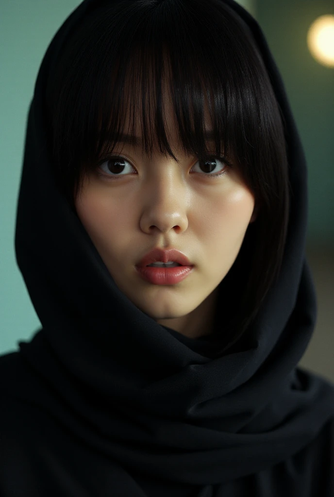 $0hyun <lora:Kim_Sohyun_Flux:1>, high quality, highly detailed, photorealistic, 8k, cyberpunk, black open afghani resistant fighter uniform, black hijab, epaulets, A dramatic, high-contrast photograph of an 18-year-old girl, super cute, Sharp shadows, nostalgic atmosphere, 35mm Kodak Portra 400 film, high contrast, deep shadows, sharp light beams, fluffy bob_cut, brown eyes, detailed close up on the face,