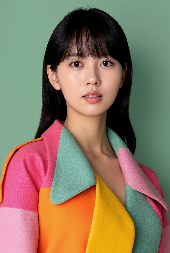 <lora:Kim_Sohyun_Flux:1> $0hyun, masterpiece, best quality, a korean  woman with a colorful coat and makeup looks at the camera with a serious look on her face and shoulder, Annabel Eyres, colourful, a pastel, fauvism