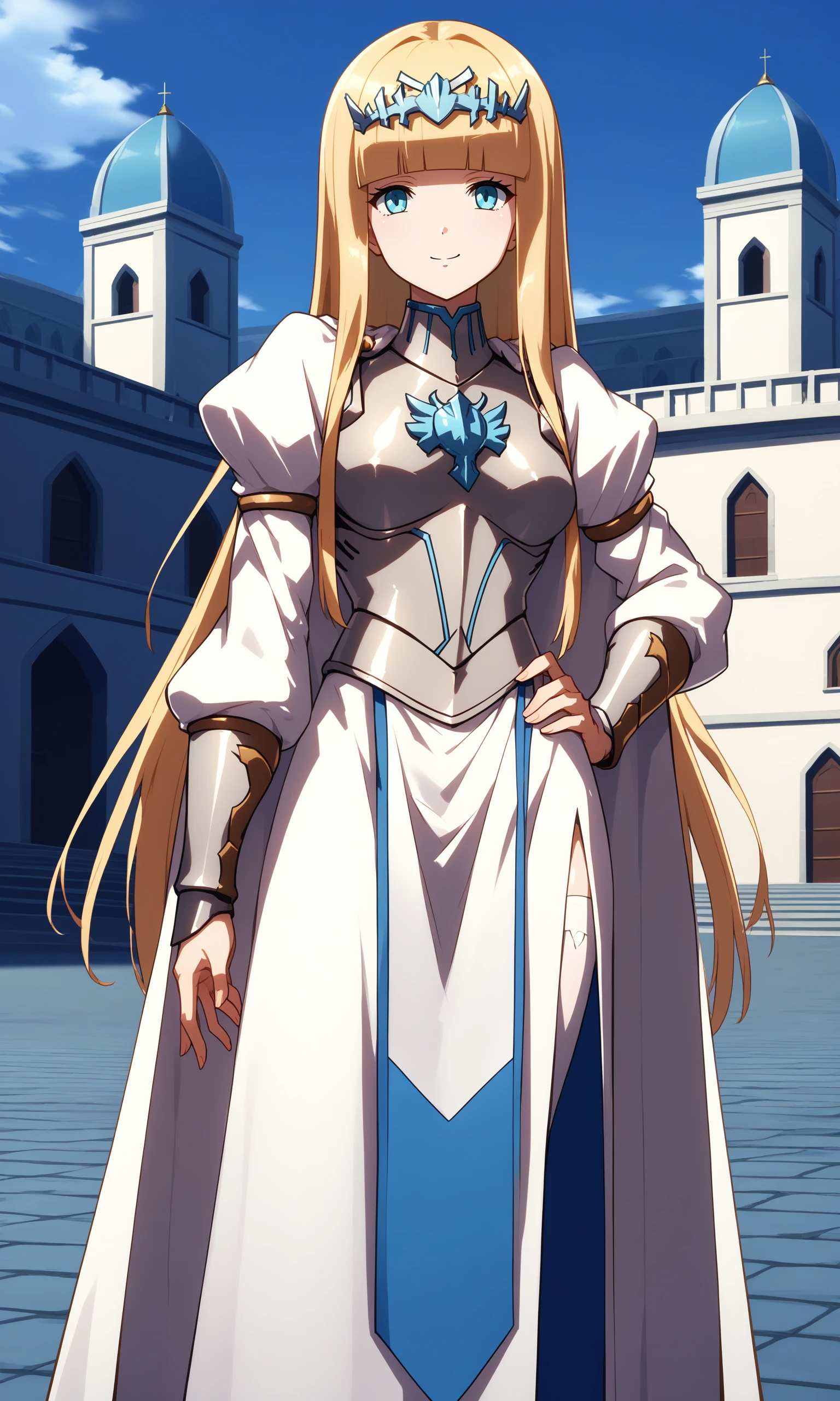 score_9, score_8_up, score_7_up, white_dress_white_cape_white_legwear, Calca_Bessarez, looking_at_viewer, solo, closed_mouth, light_smile, tareme, princess, absurdly_long_hair, tiara, armored_breastplate, white_vambraces, juliet_sleeves, long_sleeves, blue_pelvic_curtain, side_slit, hand_on_own_hip, standing, outdoors, day, blue_sky, cloudy_sky, square, shadow, architecture, church, <lora:Calca_Bessarez_V1(SDXL)_2:0.8> blue_eyes, blonde_hair, blunt_bangs,