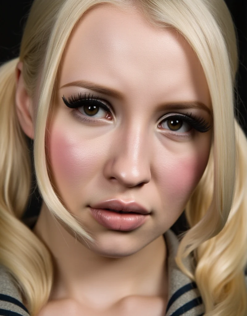 Closeup face portrait of Babydoll is a blond woman with twintails and school uniform. Ballroom. detailed eyes. Detailed skin <lora:Babydoll:0.9>