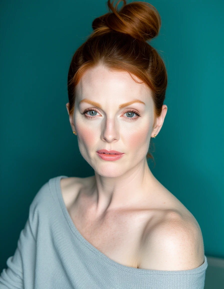 This is a high-resolution photograph of a young woman with fair skin and striking red hair styled in a high, messy bun. Her hair has a vibrant, deep red color that contrasts beautifully with her fair complexion. She gazes directly into the camera with a serious, slightly pensive expression, her blue eyes accentuated with subtle makeup. Her eyebrows are well-groomed, and she has a natural, matte pink lipstick that adds to her elegant look. Her skin is smooth and flawless, with a slight blush on her cheeks.
She is wearing a light grey, off-the-shoulder sweater that drapes loosely over her shoulders, revealing her collarbones and upper chest. The sweater appears soft and cozy, made of a light, knitted fabric that adds a touch of warmth to the image. The background is a solid, teal-colored wall, which creates a simple yet striking backdrop that draws attention to the subject. The lighting is soft and even, casting a gentle glow that highlights her features and the texture of her hair and clothing. The overall aesthetic of the image is modern and sophisticated, emphasizing natural beauty and a minimalist style.,Julianne Moore, <lora:Julianne_Moore_Flux_V1:1>