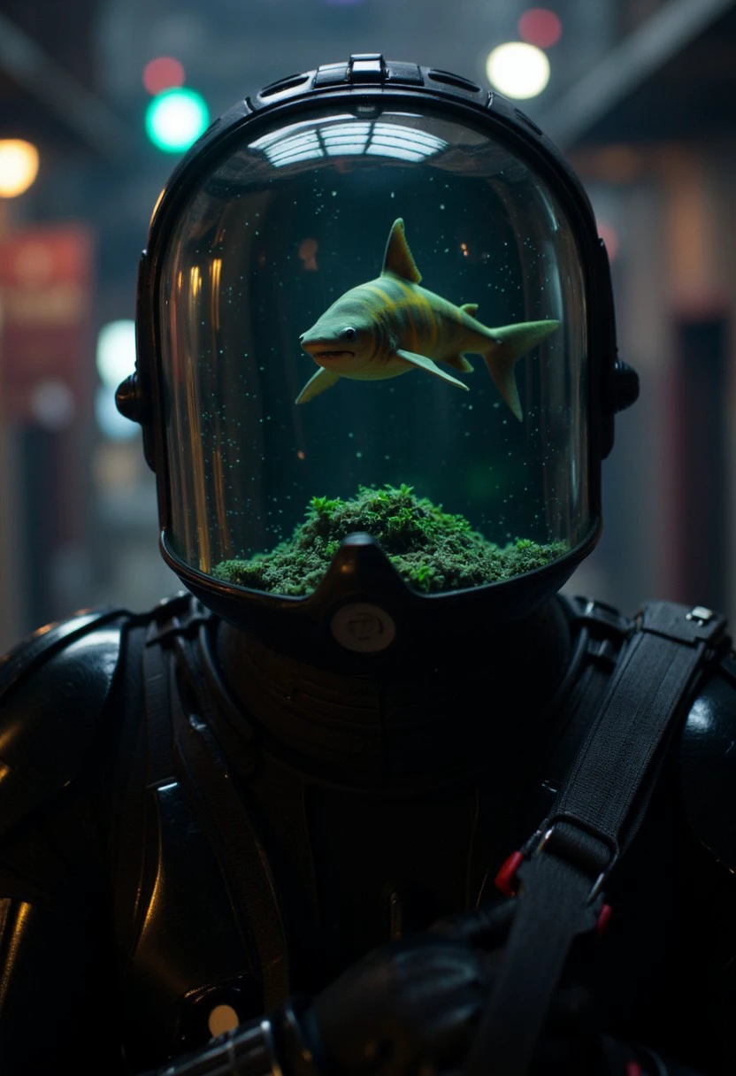 Upper body shot of a stormtrooper assassin with deep black reinforced armor and a glass helmet, inside which a small black-and-yellow shark swims. The translucent helmet, filled with luminous greenish/pink liquid, throws off a beautiful volumetric light that contrasts with the stormtrooper's dark armor. The scene is set in a shrouded dark alley with volumetric lighting emanating from within, adding an air of mystery. A nebula-like atmospheric haze surrounds the scene, enhancing the cinematic feel. Film grain adds texture, while a shallow depth of field focuses attention on the stormtrooper and the mesmerizing glow of his helmet. The close-up creates a highly detailed, moody, and epic film-still moment, with atmospheric lighting amplifying the surreal and futuristic aesthetic.