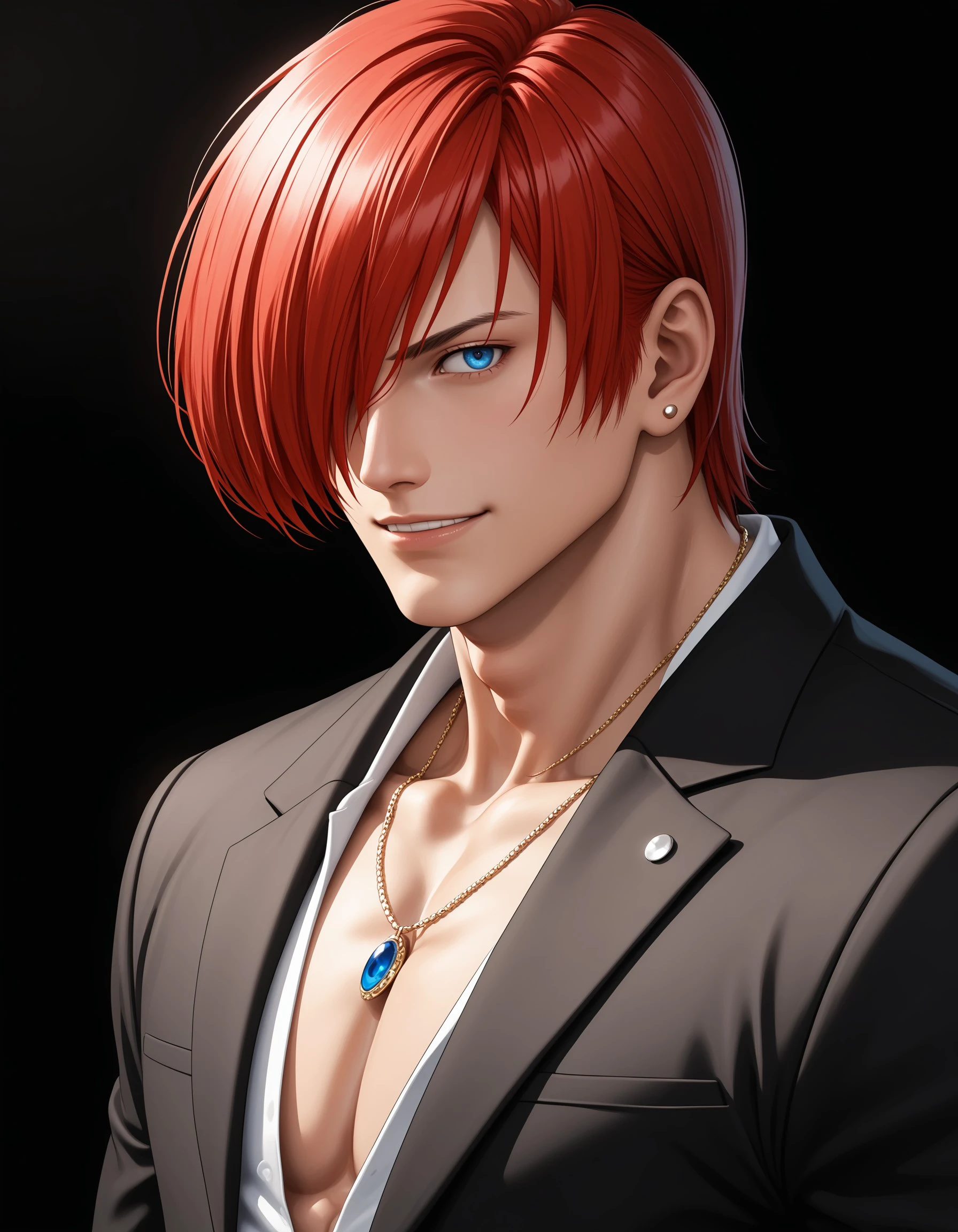 (masterpiece), best quality, expressive eyes, perfect face, iorikof, solo, smile, 1boy, jewelry, male focus, red hair, necklace, hair over one eye, pectorals, pectoral cleavage, <lora:fd69ca1b-ce37-4e50-ba07-8d05b6cf87a1:0.7>