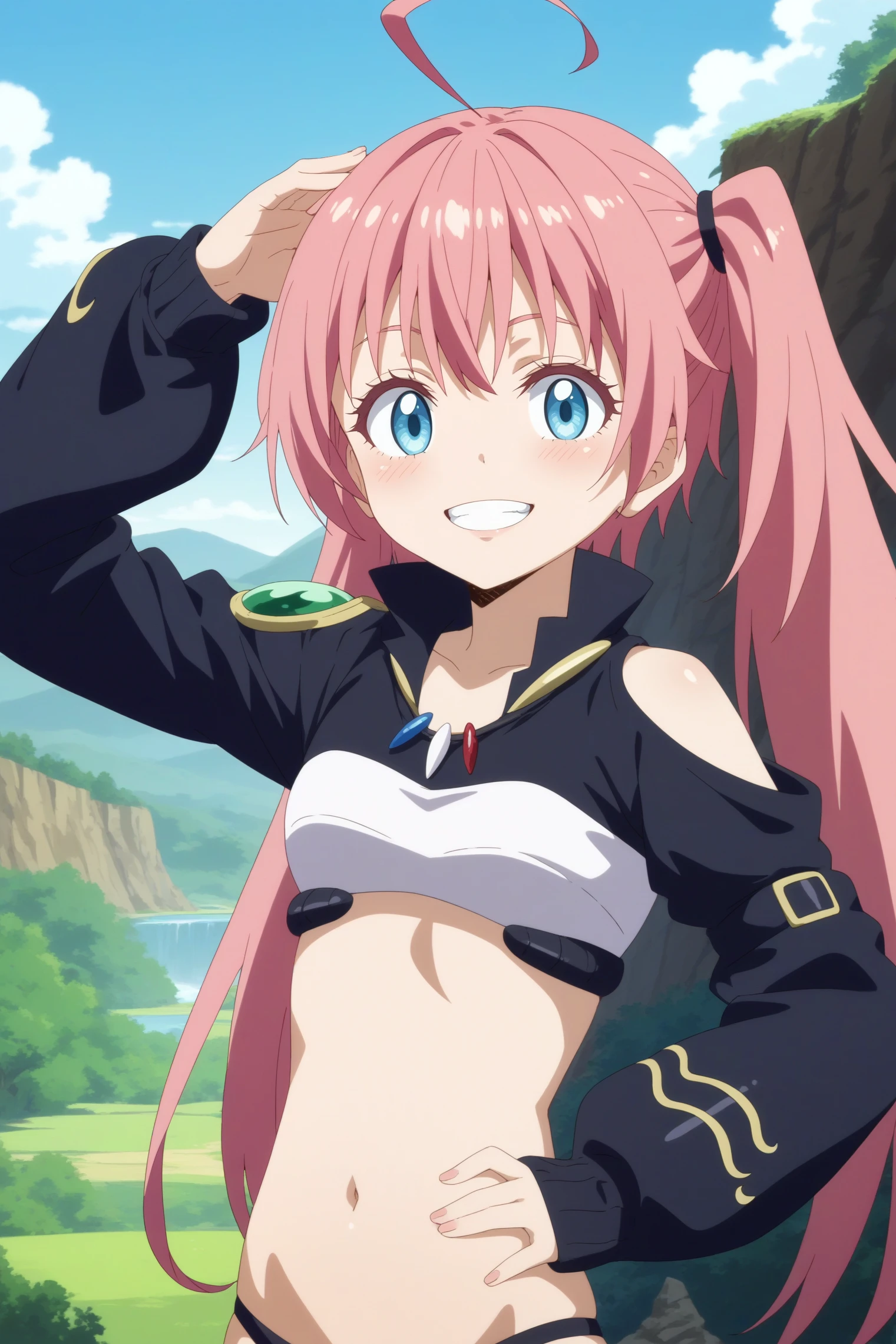 1girl,solo,milim nava,long hair,twintails,smile,underwear,panties,tighhighs,stripped,ahoge,long sleeves,sky,jewelry,clenched teeth,upper body,looking at viewer,posing,hand on head,hand on hips,canyon,good_hands <lora:Milim_Nava_-_Tensei_Shitara_Slime_Datta_Ken.safetensors:0.8> 