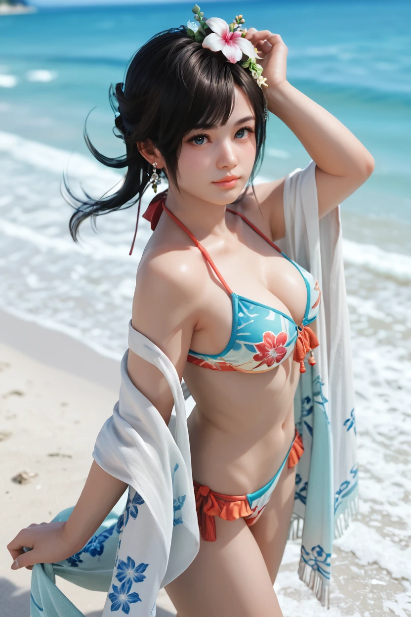 <lora:doa_kokoro:0.9> kokoro, flower in hair, bikini, shawl, beach, score_9, score_8_up, score_7_up, zPDXL3