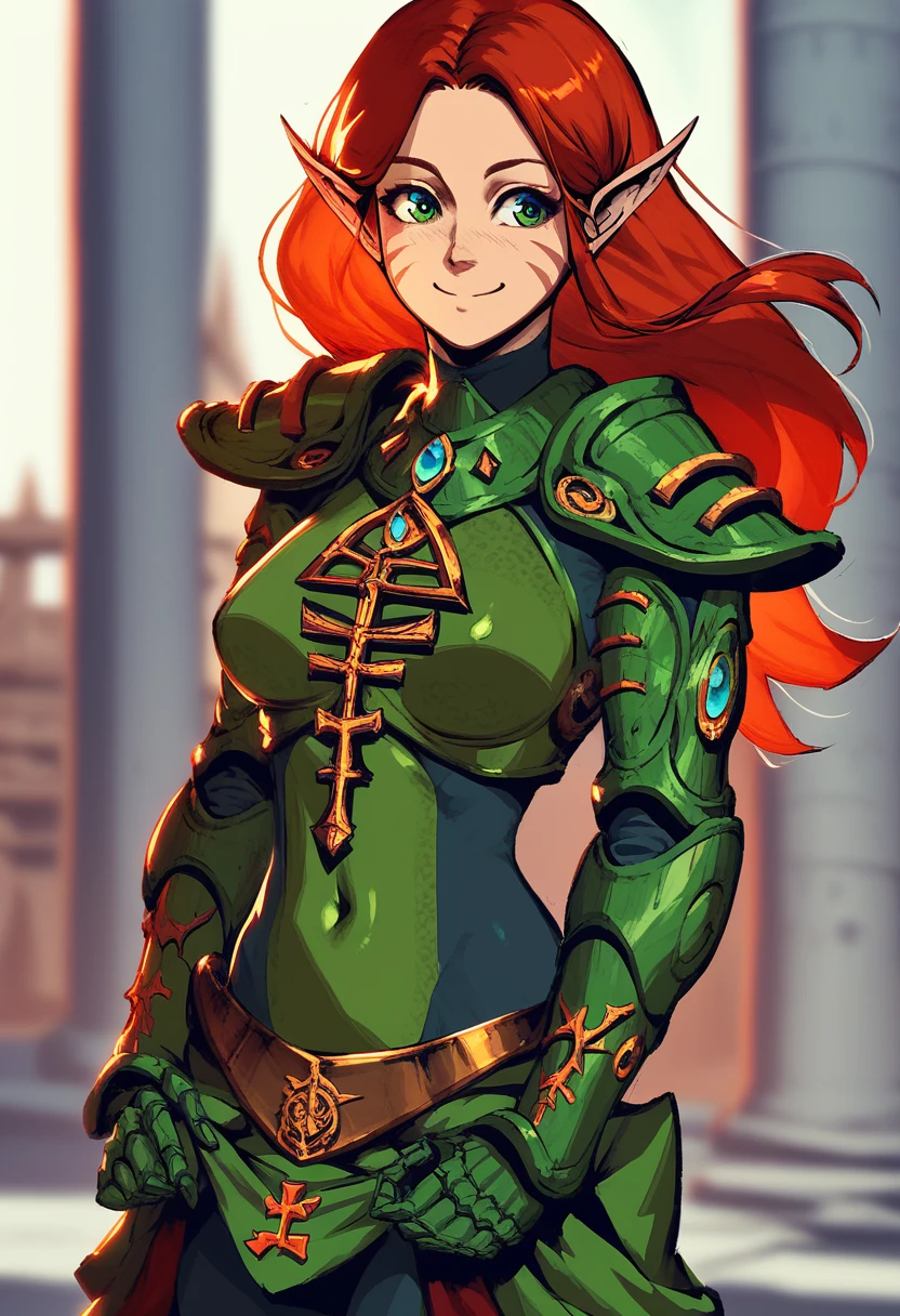 score_9, score_8, score_7, 1girl, 

farseermacha, long hair, long pointy ears, red hair, whisker markings, green eyes, green armor, skin tight, shoulder armor, light smile, gauntlets, cowboy shot, 

masterpiece, best quality, temple, 