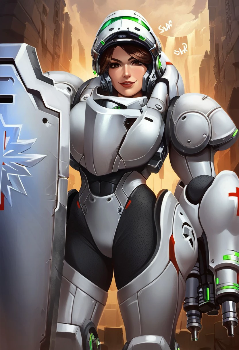 Lt.Morales,1girl,solo,medic,power armor,helmet,armor,brown hair,brown eyes,shield,arm cannon,power suit,lips,
seductive pose,score_9, score_8_up, score_7_up, beautiful aesthetic, very intricate, high quality details,vibrant, highly detailed, award-winning, professional,anime artwork, anime style, studio anime, athletic, toned female,muscular milf,curvy body, athletic girl,fit girl, ,looking at viewer, pinup pose,teasing, dynamic lighting, cinematic, smug, better than you, aura of temptation, highly detailed, high resolution, masterpiece, detailed clother, detailed background, highly detailed, ((sound effects)) comic layout,