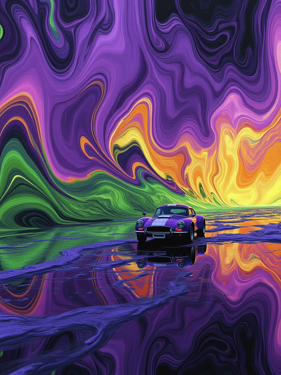 acid-g-style,a car on road,psychedelic colour of purple and green and yellow,flow reflection,