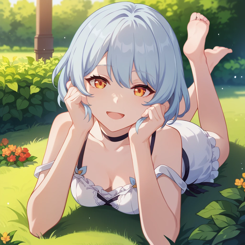 score_9_up, score_8_up, score_7_up, 1girl, solo, bushes, trees, flowers, close up, perfect eyes, lying on stomach on grass, looking at you, hands on cheeks, feet up, face focus, sweet happy smile, open mouth, light blue hair, medium hair, orange eyes, small breasts, white dress, bare legs, short dress, strap dress, sleeveless, cleavage, dynamic cowboy shot, garden background,