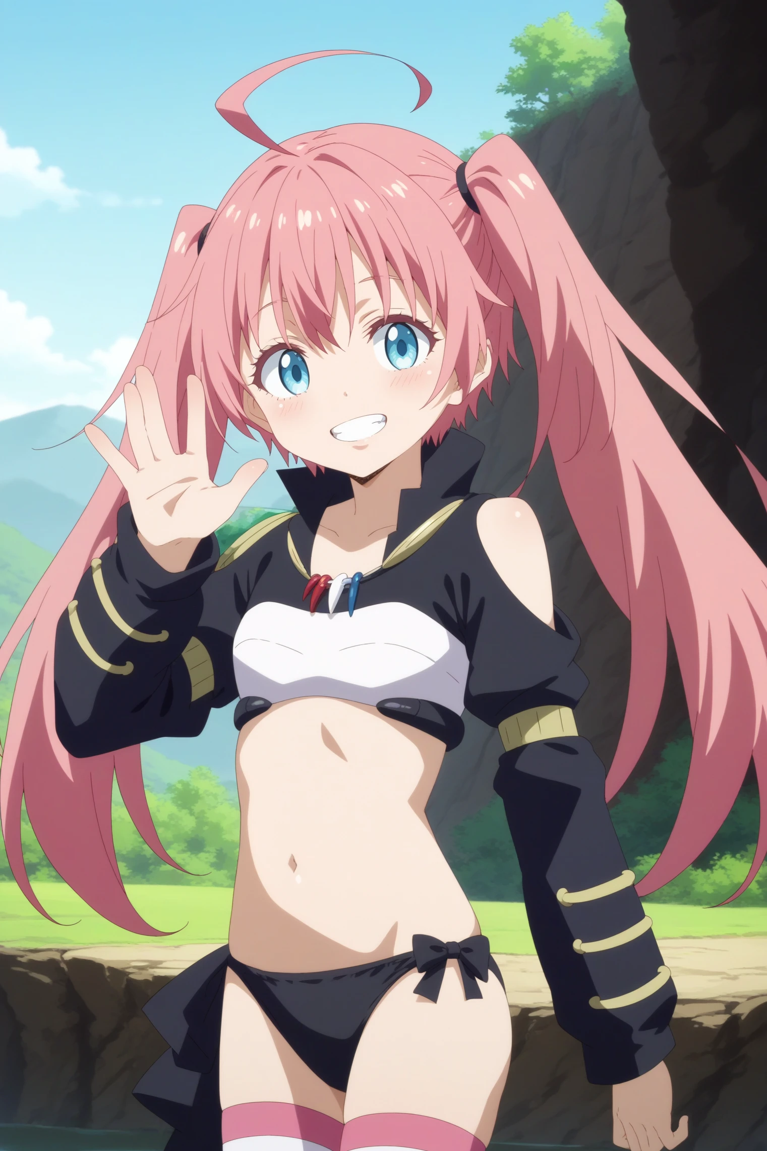 masterpiece, highest quality, High resolution,Anime Style、Characters from Tensura、Milim Platinum pink hair(Twin tails:1:20)(Ahoge:1:10)、blue eyes、About 10 years old、The double tooth shines、Smiling innocently、Bikini-style lace underwear、Pose on the bed with knees bent and legs apart、(angle:from the front