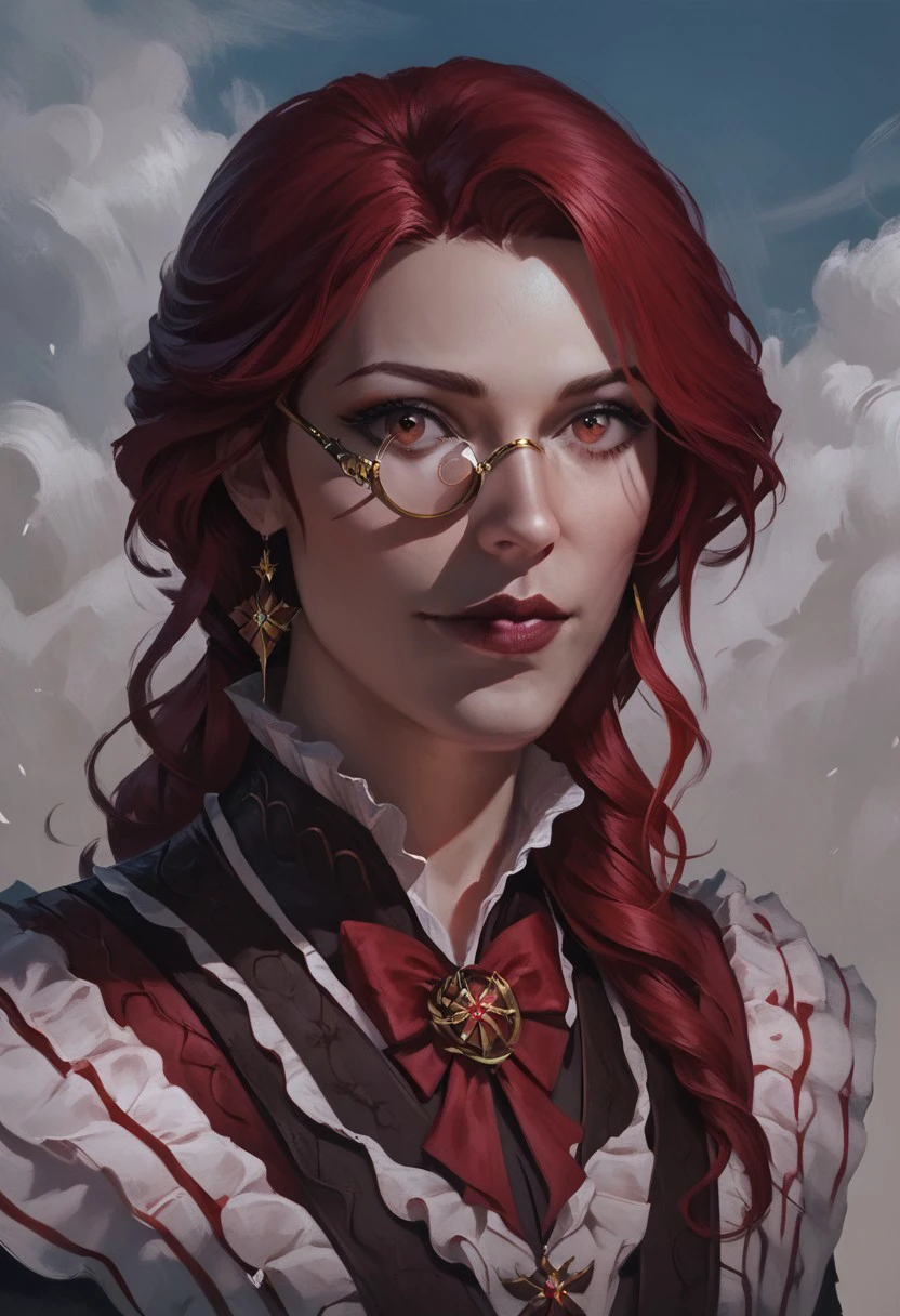 score_9, score_8_up, score_7_up, concept art, realistic, media, BREAK, 1girl, portrait, beautiful, Zana. ZanaPoE. monocle. red hair