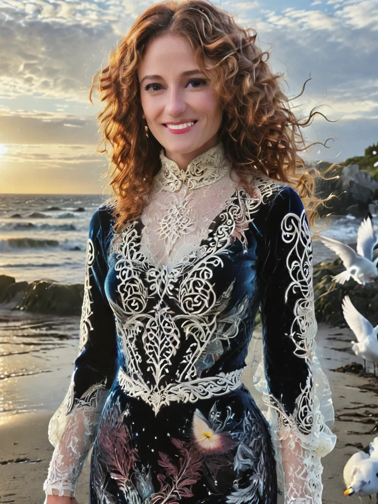 a professional absurdres sharp focus intricately detailed full torso photograph of the beautiful Ellen_Sandweiss,
with a snarky smile and a swirly-colored hairstyle,
dressed in a velvet evening gown with lace sleeves and turtleneck,
standing on a beach watching the sunset with gulls flying about,
 <lora:Ellen_Sandweiss-SDXLe15:0.85> 
 <lora:badquality_v02:1> badquality, low quality,
 <lora:DonMG3157P4nz3rXL:1> DonMG3157P4nz3rXL