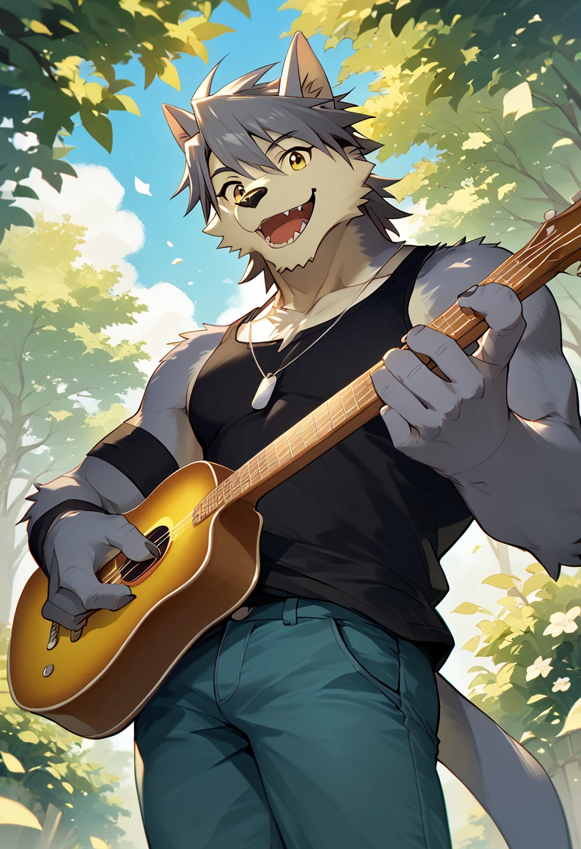 score_9, score_8_up, score_7_up, high quality, hires, 4K, solo, kouya_aotsuki, morenatsu, furry, yellow eyes, tank top, black tank top, pants, happy, holding instrument, looking at viewer, <lora:Kouya_Aotsuki_Morenatsu:1>