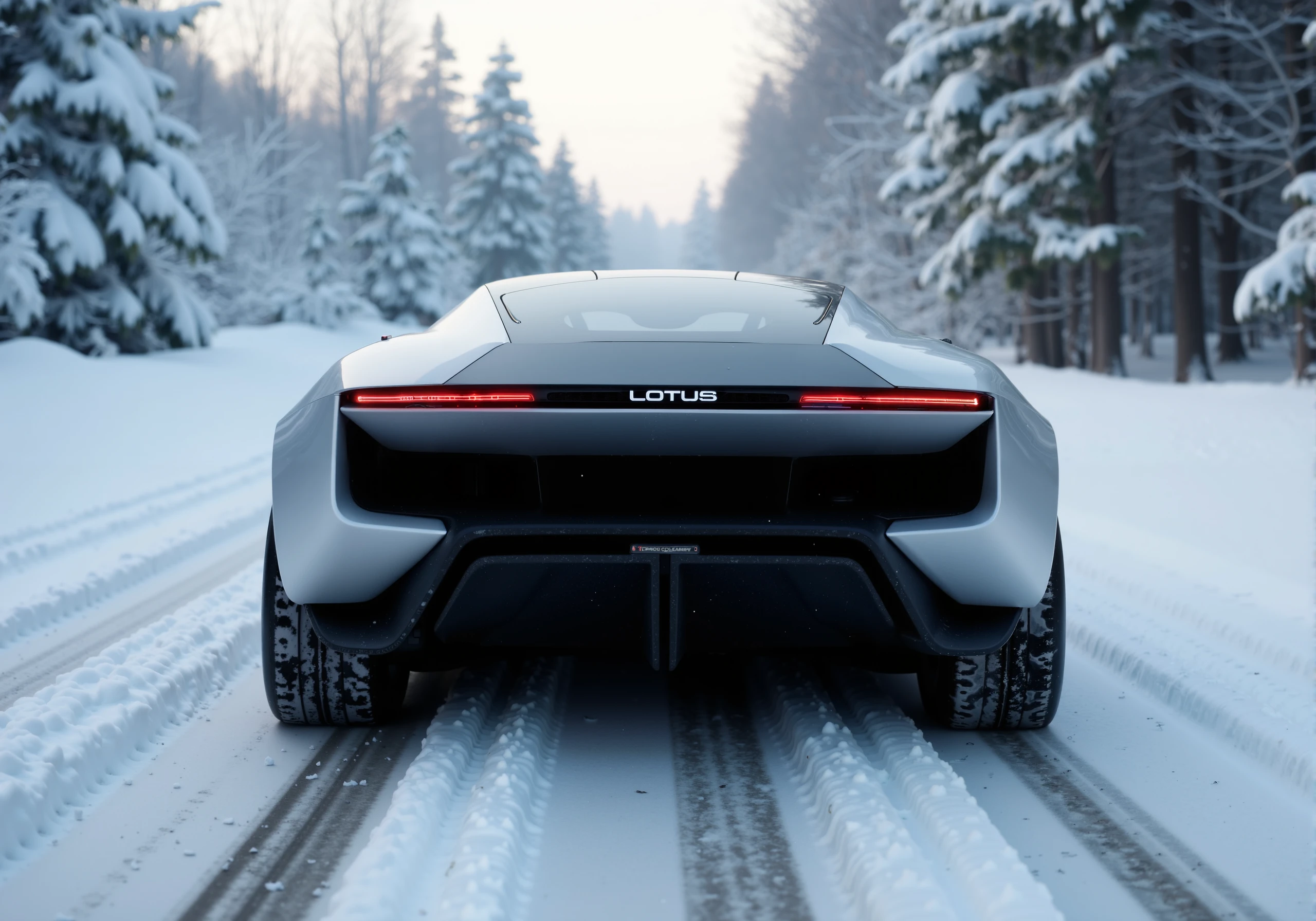  wintry scene, a silver Lotus sports car, known as the Lotus Theory, is captured from the rear as it navigates a snow-covered road. The car's sleek, futuristic design is on full display, with its distinctive horizontal red light strip stretching across the back, giving it a modern, high-tech look. The word "LOTUS" is elegantly illuminated in the center of the light bar, standing out against the metallic silver finish of the car.

Below the light strip, an angular black vent adds a striking contrast to the elegant curvature of the vehicle’s rear, emphasizing the balance between bold performance and sleek aesthetics. The powerful stance of the Lotus Theory is further enhanced by its broad tires, which leave crisp tracks in the snow, and a subtly integrated rear spoiler, seamlessly blending into the flowing design of the car. The snow-covered landscape and surrounding trees create a serene backdrop, highlighting the futuristic elegance of the Lotus Theory as it stands out against the stark, white winter setting