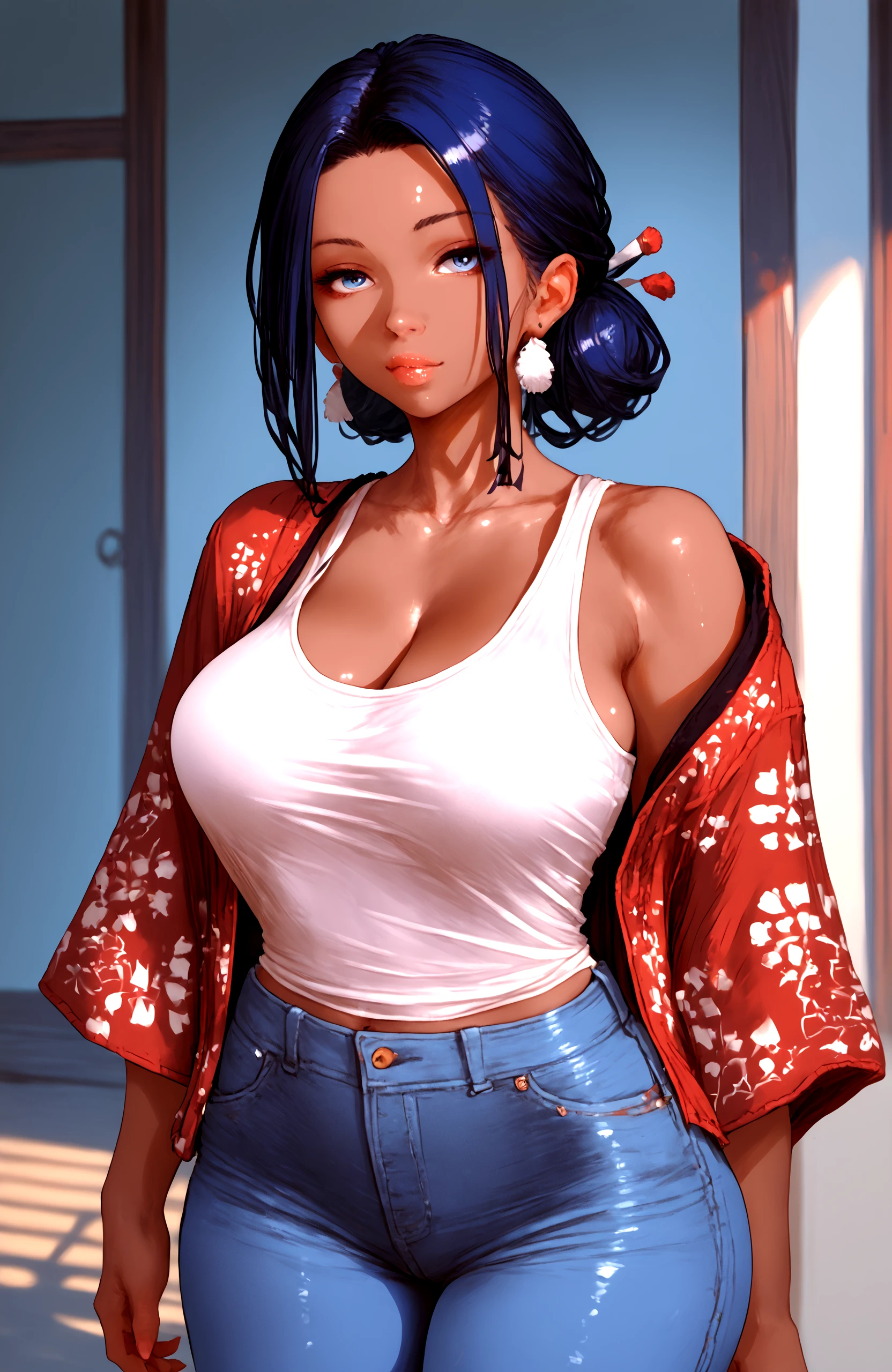 score_9, score_8_up, score_7_up, score_6_up, score_5_up, score_4_up, (high quality, detailed, beautiful) 1girl, dark_skin, large_breasts, jeans, tank_top, happi, japanese_clothes <lora:Happi_epoch_4:0.99>