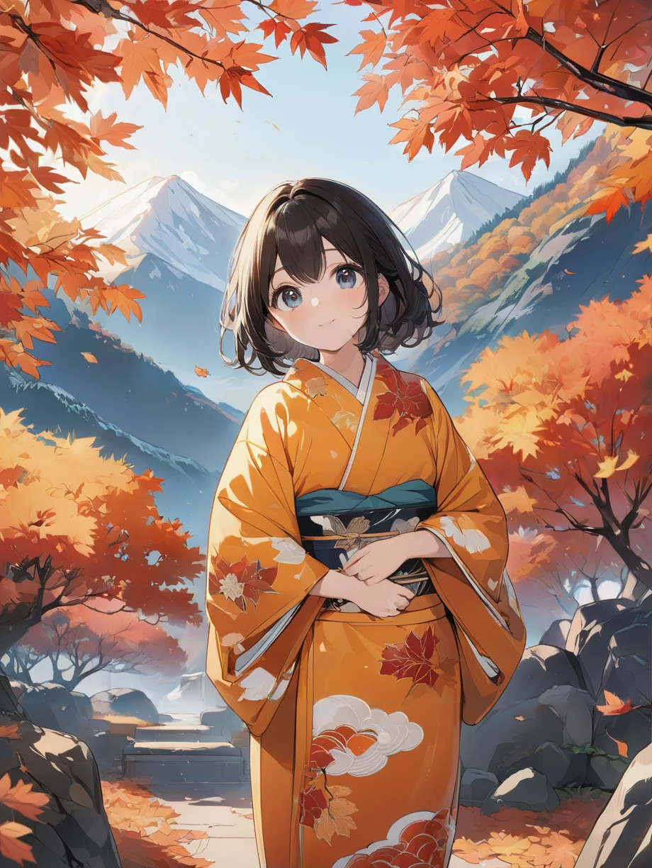 masterpiece,ultra-detailed,best quality,8K,illustration,cute face,clean skin ,shiny hair,girl,ultra-detailed-eyes,simple background, <lora:add-detail-xl:1>  <lora:kouyou_XL_V1.0:0.8> autumn leaves,tree,kimono,mountain