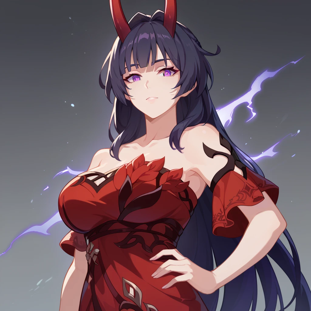 score_9_up, score_8_up, score_7_up, 1girl, solo, upper body, standing, looking at you, hand on hip, raiden mei, purple hair, purple eyes, red horns, purple lightning, red dress, strapless dress, mature body, dynamic cowboy shot, grey background,