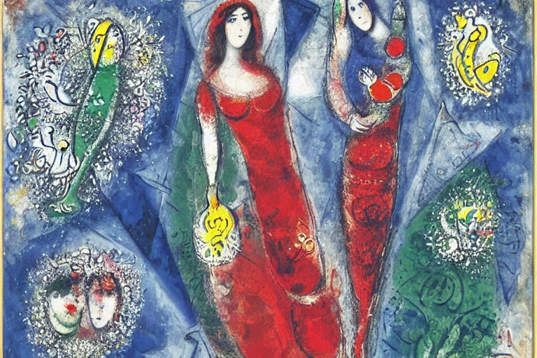 <lora:Chagall-10:1>, Chagall, A portrait of a woman in a colorful dress, with expressive eyes and intricate patterns.