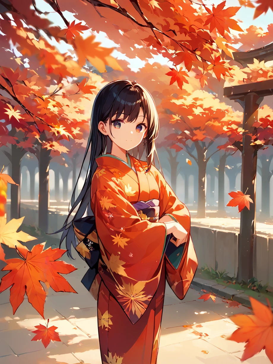 score_9, score_8_up, score_7_up,source_anime, high res image,masterpiece,best quality,(girl:1.0),cute face,clear skin,shiny hair,ultra detailed eyes,simple background, <lora:kouyou_pony_V1.0:1> autumn leaves, tree,kimono