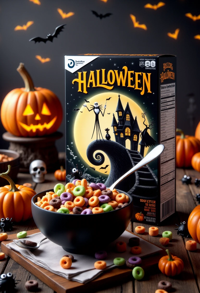 This is a highly detailed photograph that depicts a Halloween-themed breakfast cereal box and its contents. The box, labeled "Halloween" in bold, orange letters, features a spooky, stylized design with Jack Skellington. It showcases a black, Gothic-style haunted house with a corkscrew staircase and a bat flying out of it, set against a dark, moonlit night sky with bats flying around akin to The Nightmare Before Christmas. The background is a dark, textured wall with a faint, glowing jack-o-lantern on the left side, casting a warm, eerie light.
The cereal inside the box is a colorful assortment of Halloween-themed shapes: orange and green rings, purple marshmallows, and chocolate stars. The box is positioned on a wooden surface, with a black bowl filled with the cereal placed in front of it. The bowl is accompanied by a silver spoon and a small, white napkin. Scattered around the scene are additional Halloween-themed elements: a small, carved pumpkin on the left, a plastic skull, and a small plastic spider on the right side of the box. The overall scene is rich in texture and color, blending the eerie, festive atmosphere of Halloween with the wholesome, colorful breakfast item.
   <lora:Cereal_Creator_FLUX-000013:0.8>